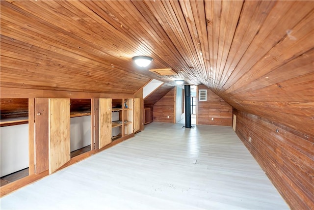 additional living space with wood ceiling, lofted ceiling, and wood walls