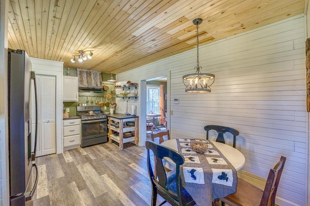 dining room with wooden ceiling and light wood-type flooring