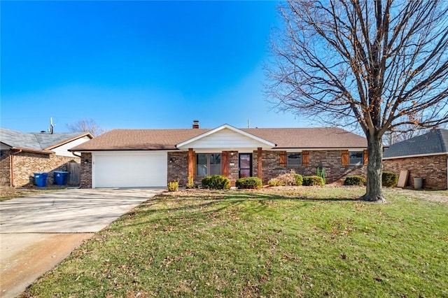 ranch-style home with a front lawn and a garage