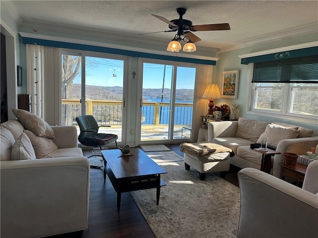 living room with ceiling fan, ornamental molding, dark wood-style flooring, a water view, and a textured ceiling