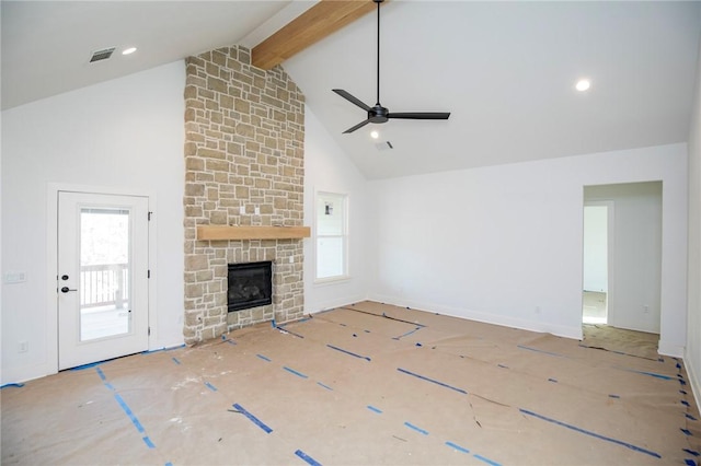 unfurnished living room featuring high vaulted ceiling, a fireplace, visible vents, a ceiling fan, and beamed ceiling