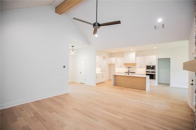 20 Singleton Dr, Bella Vista, AR 72715 - unfurnished living room featuring high vaulted ceiling, a ceiling fan, beamed ceiling, light wood-style flooring, and recessed lighting