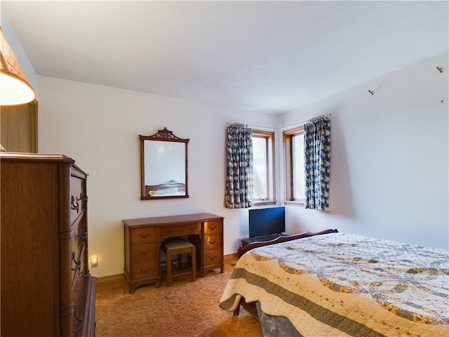 bedroom featuring light carpet