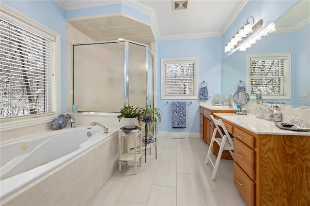 bathroom with tile patterned floors, vanity, shower with separate bathtub, and ornamental molding