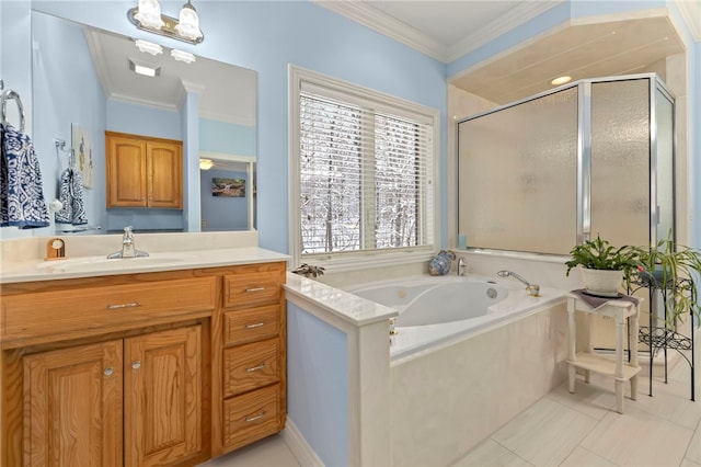 bathroom with vanity, tile patterned flooring, ornamental molding, shower with separate bathtub, and a notable chandelier