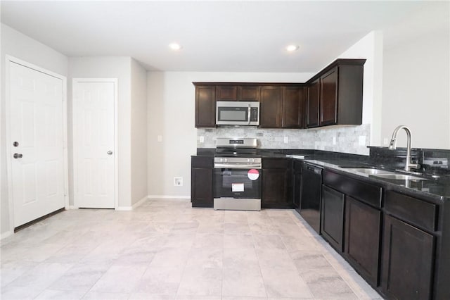 kitchen featuring backsplash, dark stone counters, sink, and stainless steel appliances