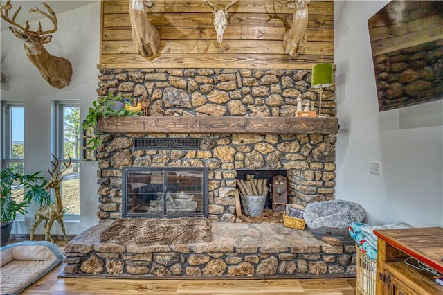 details featuring a stone fireplace and wood finished floors