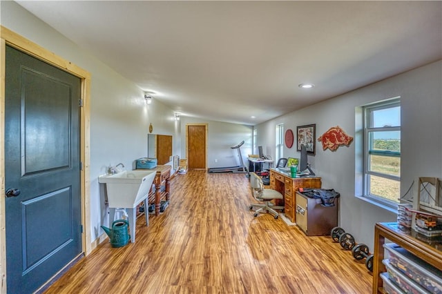 office space with wood finished floors