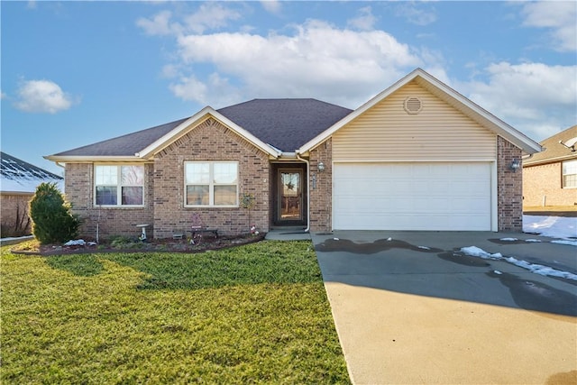 ranch-style home featuring a garage and a front lawn