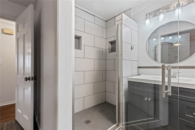 bathroom featuring vanity and walk in shower