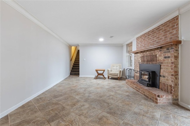 unfurnished living room with a wood stove and crown molding