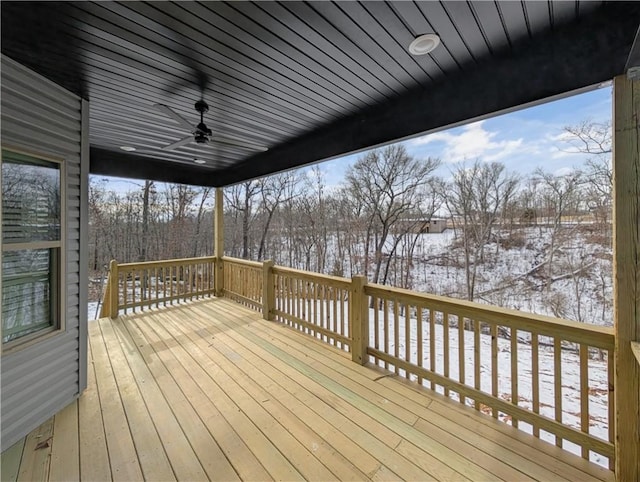 snow covered deck featuring ceiling fan