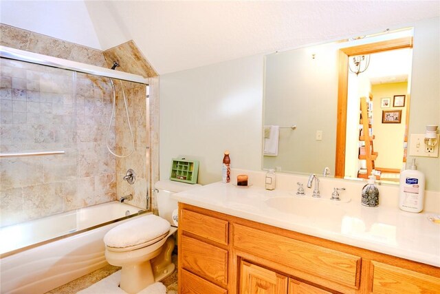 full bathroom with bath / shower combo with glass door, lofted ceiling, vanity, and toilet