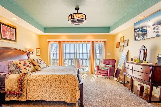 carpeted bedroom featuring access to exterior and a tray ceiling