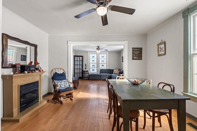 dining area featuring light hardwood / wood-style floors, ceiling fan, and crown molding