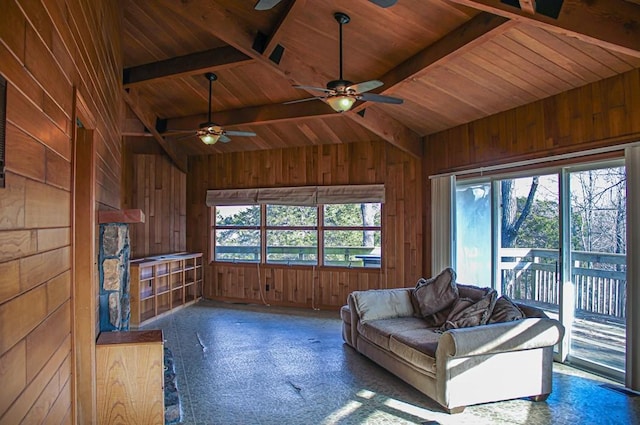 living room with wood ceiling, lofted ceiling with beams, and wood walls