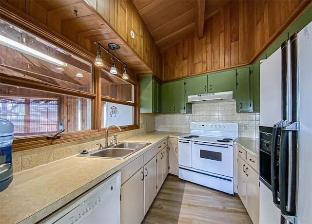 kitchen featuring white appliances, light hardwood / wood-style floors, backsplash, white cabinets, and sink