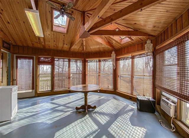 unfurnished sunroom featuring ceiling fan, lofted ceiling with skylight, and wooden ceiling