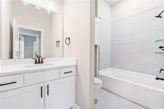 full bathroom featuring vanity, tile patterned floors, washtub / shower combination, and toilet