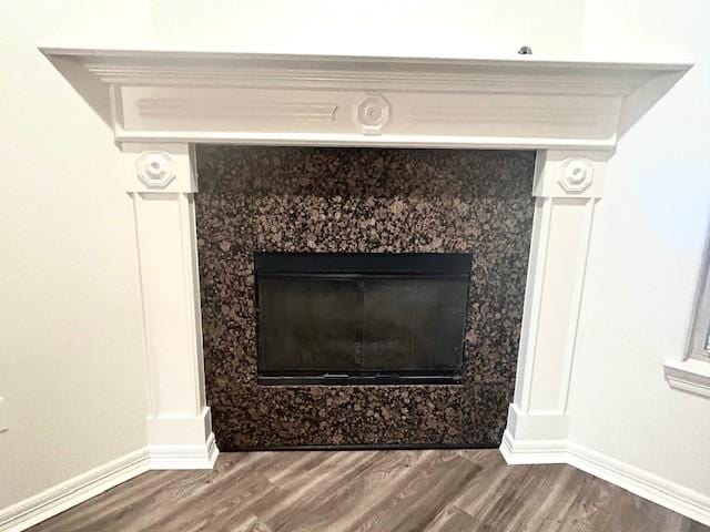 details featuring hardwood / wood-style flooring and a premium fireplace