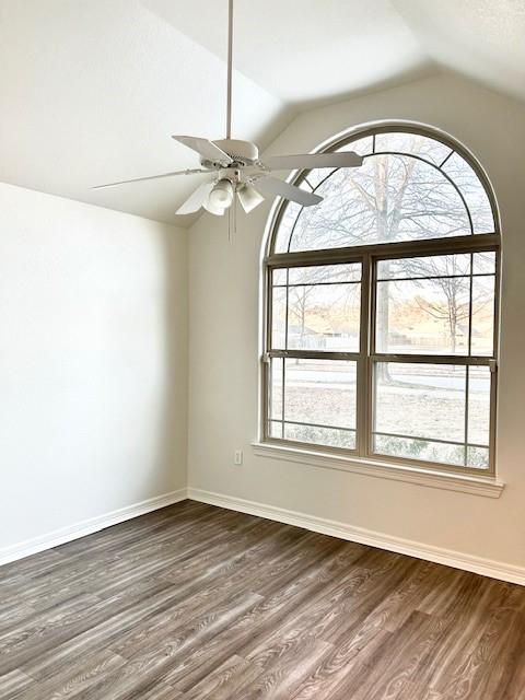 unfurnished room with lofted ceiling, ceiling fan, dark hardwood / wood-style flooring, and a wealth of natural light