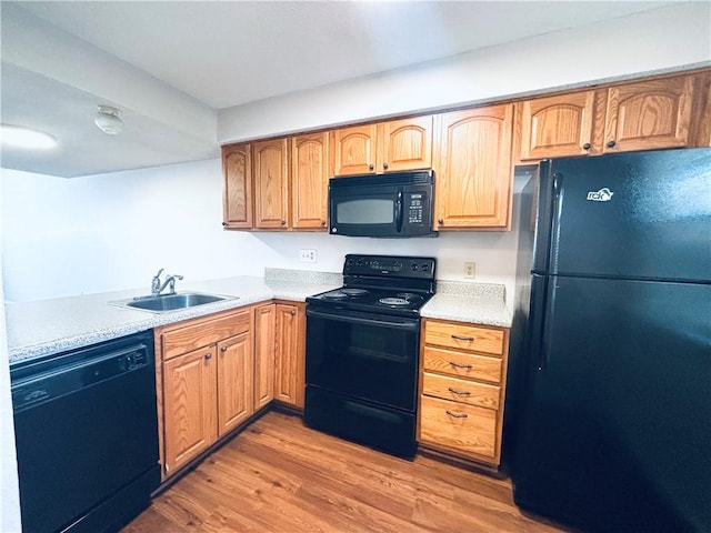 kitchen featuring light hardwood / wood-style floors, black appliances, and sink