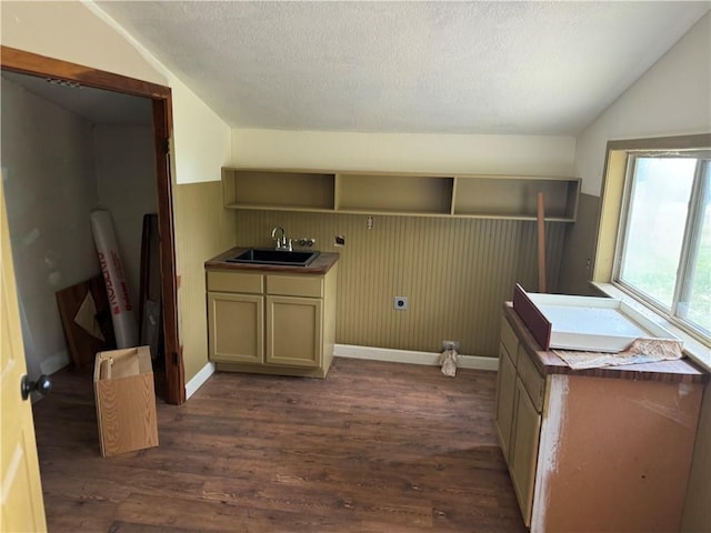 laundry room with sink, a textured ceiling, hookup for an electric dryer, and dark hardwood / wood-style floors