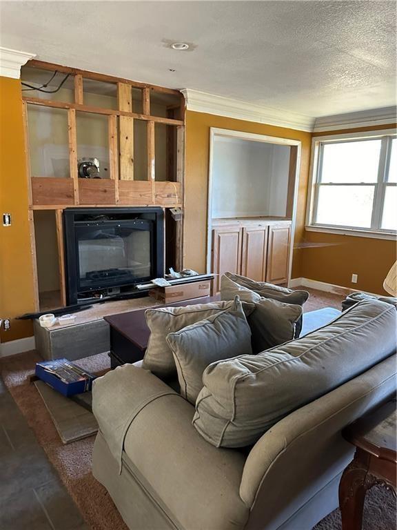 living room with ornamental molding and a textured ceiling