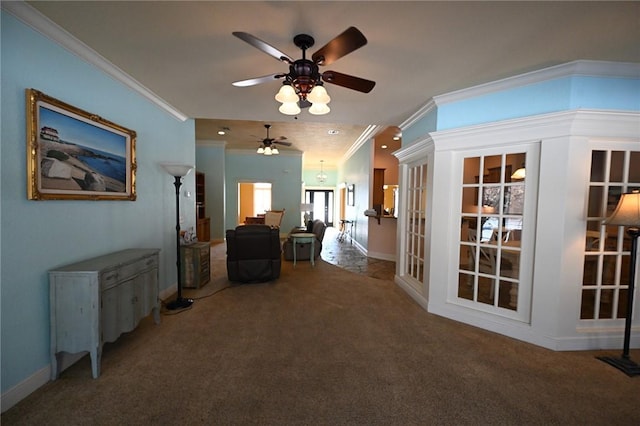 hallway featuring french doors, crown molding, and carpet flooring