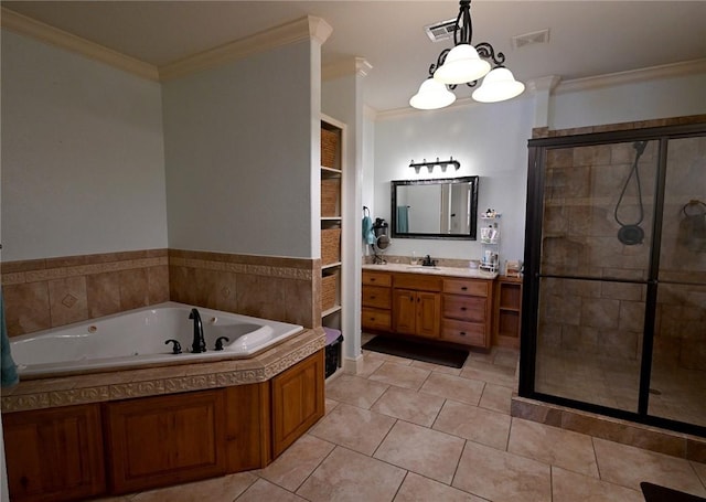 bathroom with tile patterned flooring, crown molding, built in features, independent shower and bath, and vanity