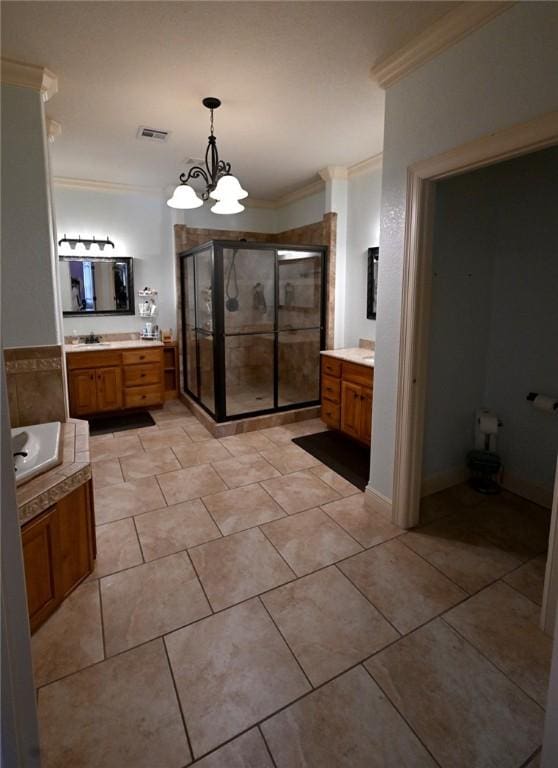 bathroom with a notable chandelier, crown molding, plus walk in shower, and vanity