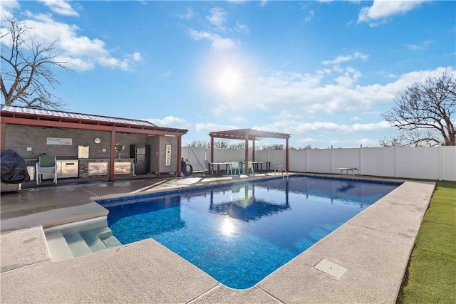 view of swimming pool featuring a patio area, a fenced backyard, a fenced in pool, and a pergola