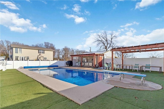 view of swimming pool with a lawn, a fenced in pool, a patio, a fenced backyard, and a pergola