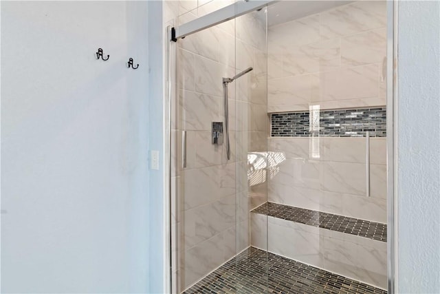 bathroom with a shower with shower door