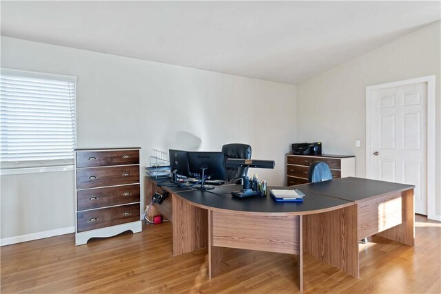 office featuring vaulted ceiling and hardwood / wood-style flooring