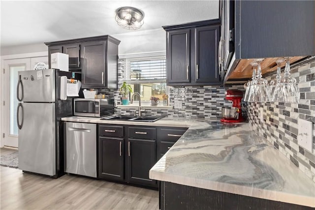 kitchen with appliances with stainless steel finishes, backsplash, a sink, and light wood-style floors