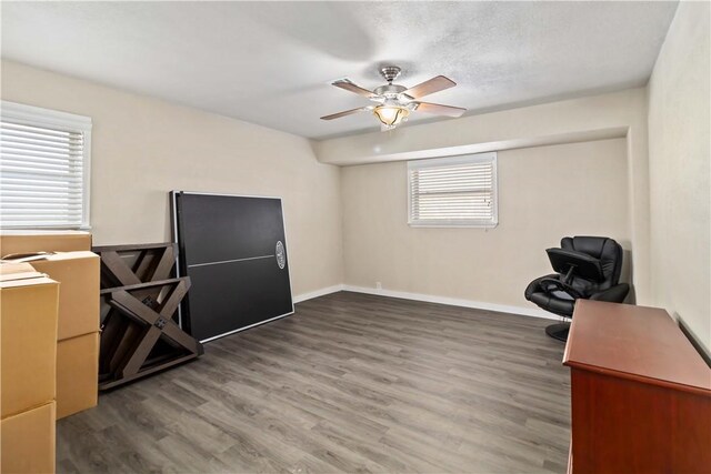 office area with ceiling fan and wood-type flooring