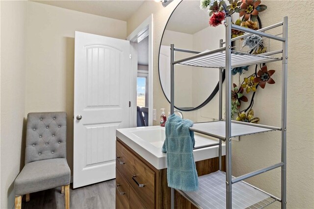 bathroom with vanity and hardwood / wood-style flooring