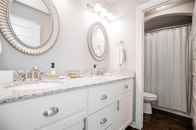 bathroom featuring toilet, wood-type flooring, and vanity