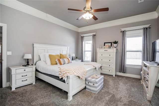 bedroom with dark colored carpet, ceiling fan, and crown molding