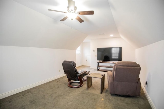 interior space with lofted ceiling and ceiling fan