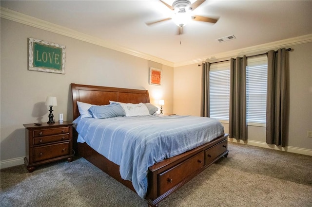 bedroom featuring multiple windows, ceiling fan, crown molding, and light colored carpet