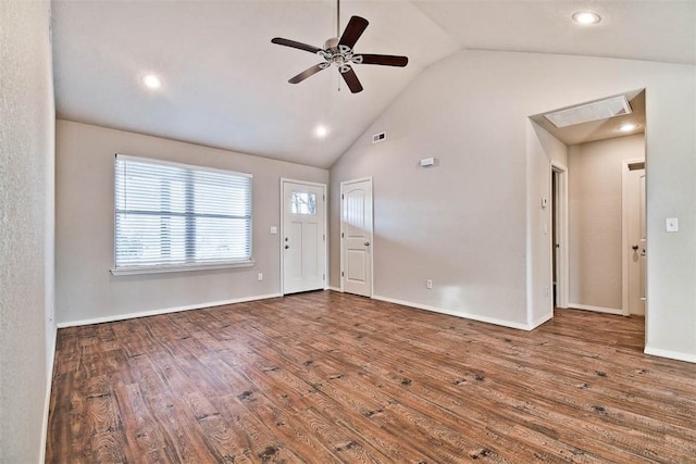 interior space featuring ceiling fan, lofted ceiling, and hardwood / wood-style floors