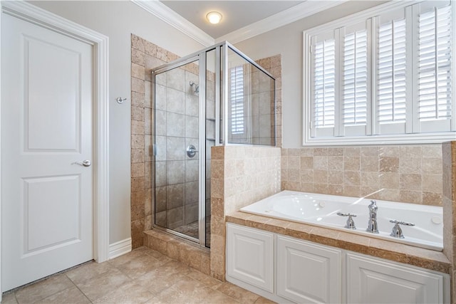 bathroom featuring shower with separate bathtub and crown molding