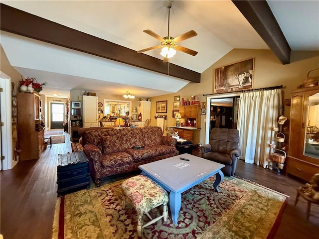 living room featuring dark wood-type flooring, ceiling fan, and vaulted ceiling with beams