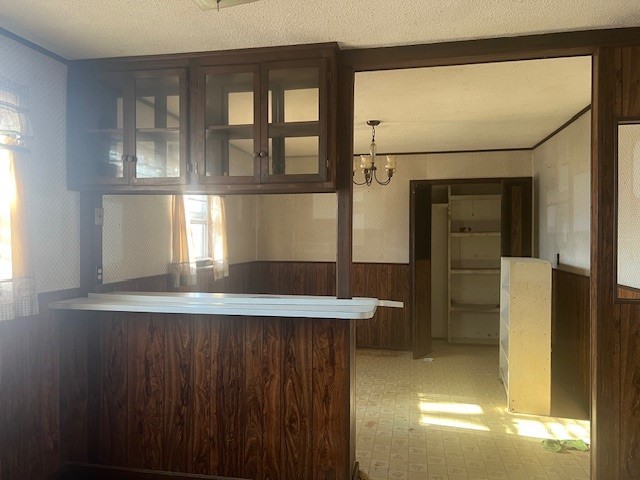 bar featuring a notable chandelier, dark brown cabinets, wooden walls, and a textured ceiling