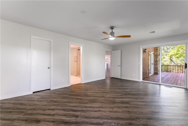 unfurnished bedroom featuring dark wood-type flooring, ceiling fan, connected bathroom, and access to outside