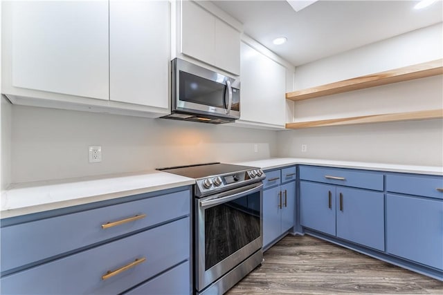 kitchen with dark hardwood / wood-style flooring, blue cabinetry, stainless steel appliances, and white cabinetry