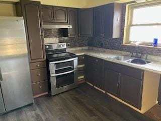 kitchen with stainless steel appliances, dark hardwood / wood-style flooring, dark brown cabinetry, sink, and backsplash