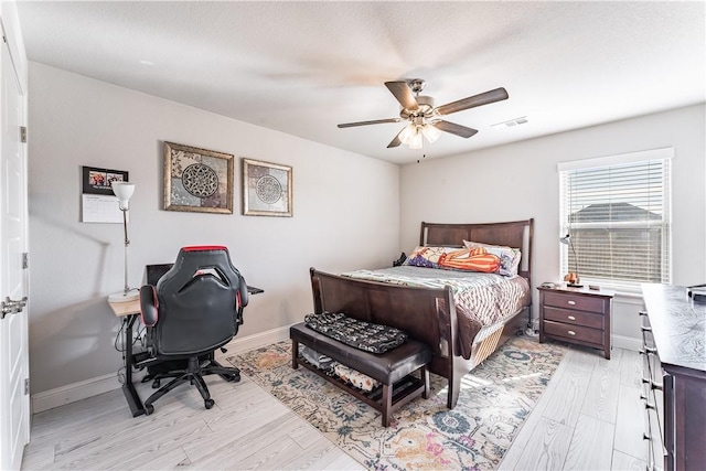 bedroom with ceiling fan and light hardwood / wood-style floors